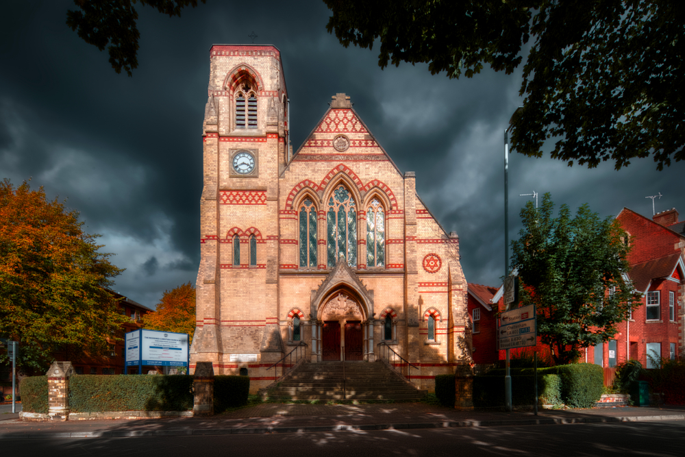 Whitefield Memorial Presbyterian Church, built 1871, now missing the spire that originally adorned the tower and serving the Redeemed Christian Church of God.