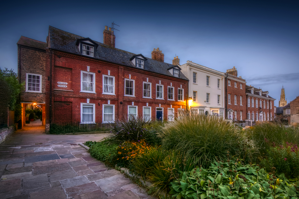 College Green south side with, from left to right starting next to St. Michael's Gate, Nos. 4 to 1.