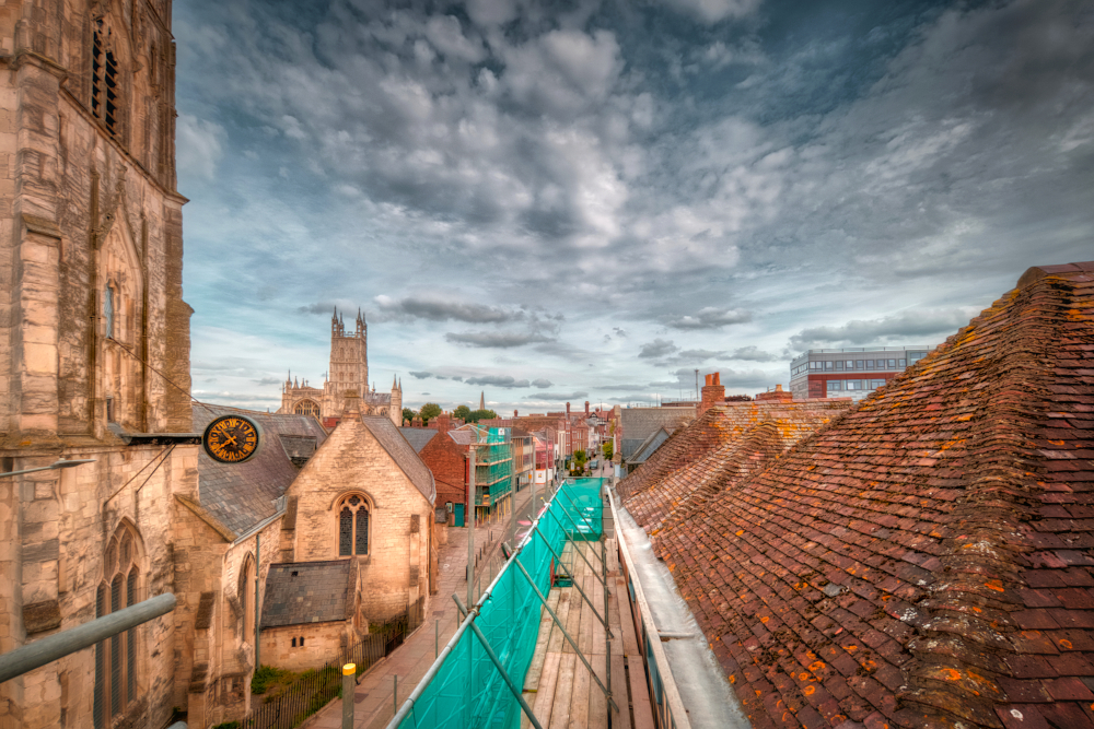 Looking up westgate street from the roof of the Folk of Gloucester