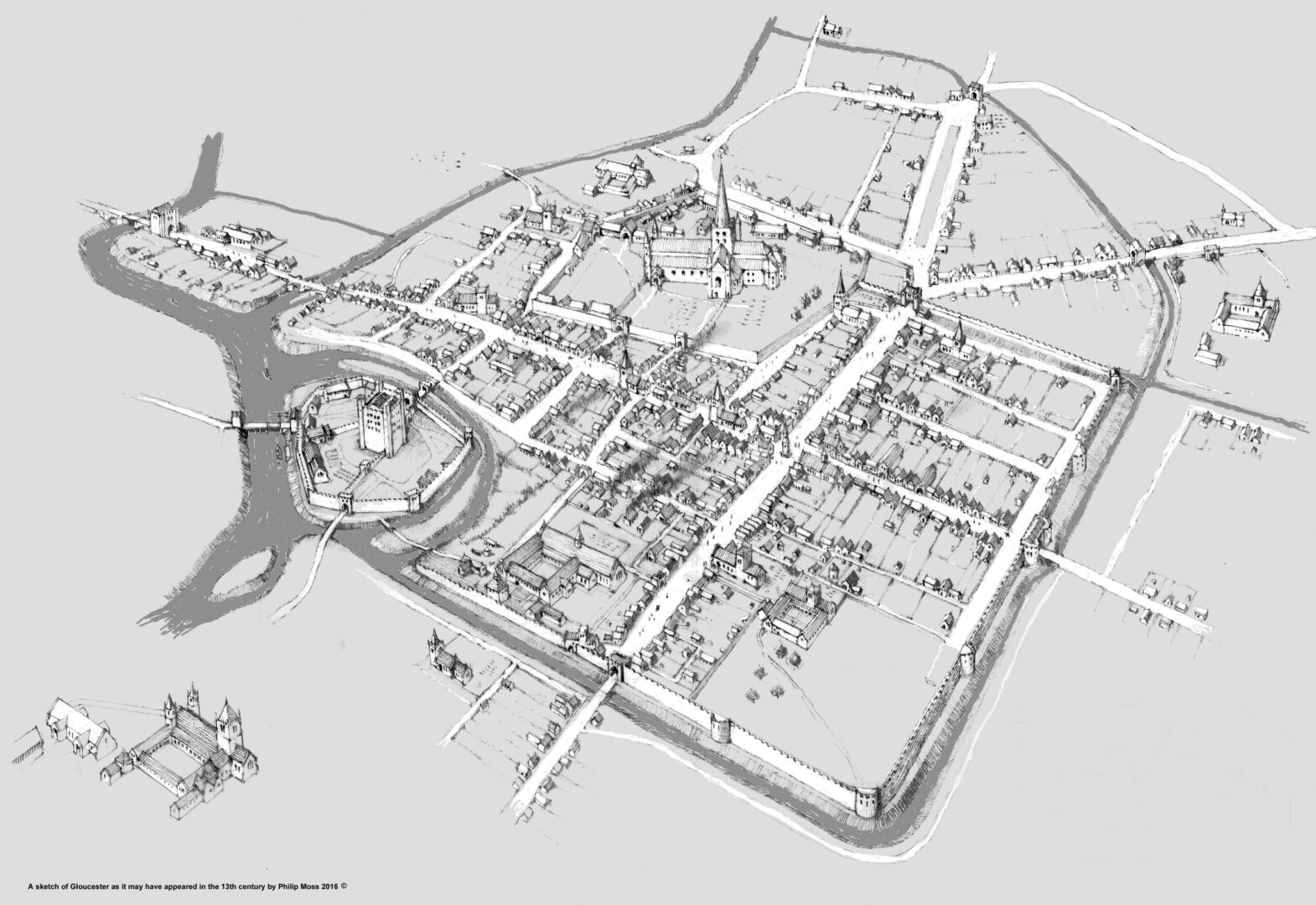 Visualisation of 13th-century Gloucester, showing the moated Gloucester Castle next to the Severn and the walled Abbey (later Cathedral) with spire built over the north-west corner of the Roman wall. Image copyright: Phil Moss.