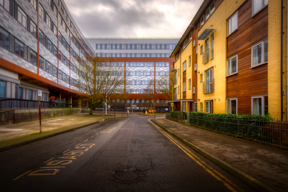 Upper Quay Street and the county council offices at the far end on the site of the castle's outer gate