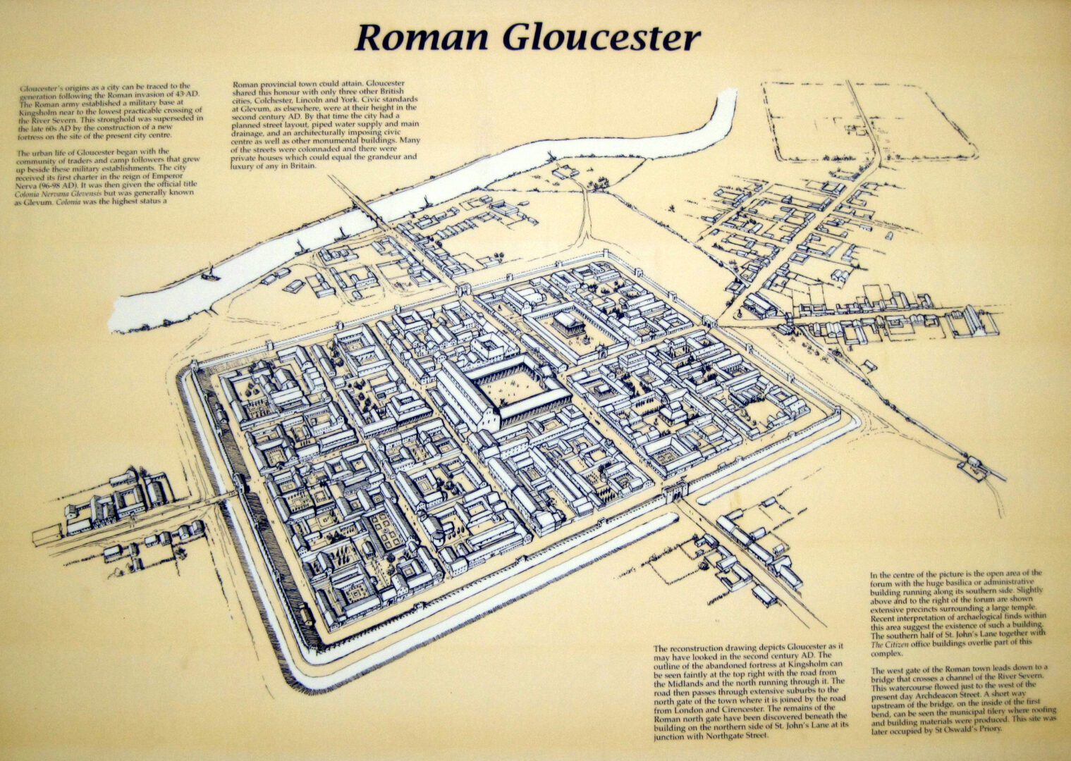 Visualisation of 2nd-century Roman Glevum, with the square outline of the original Roman fort at Kingsholm top right and the forum at the top of the future Southgate Street centre. Image copyright: Phil Moss.