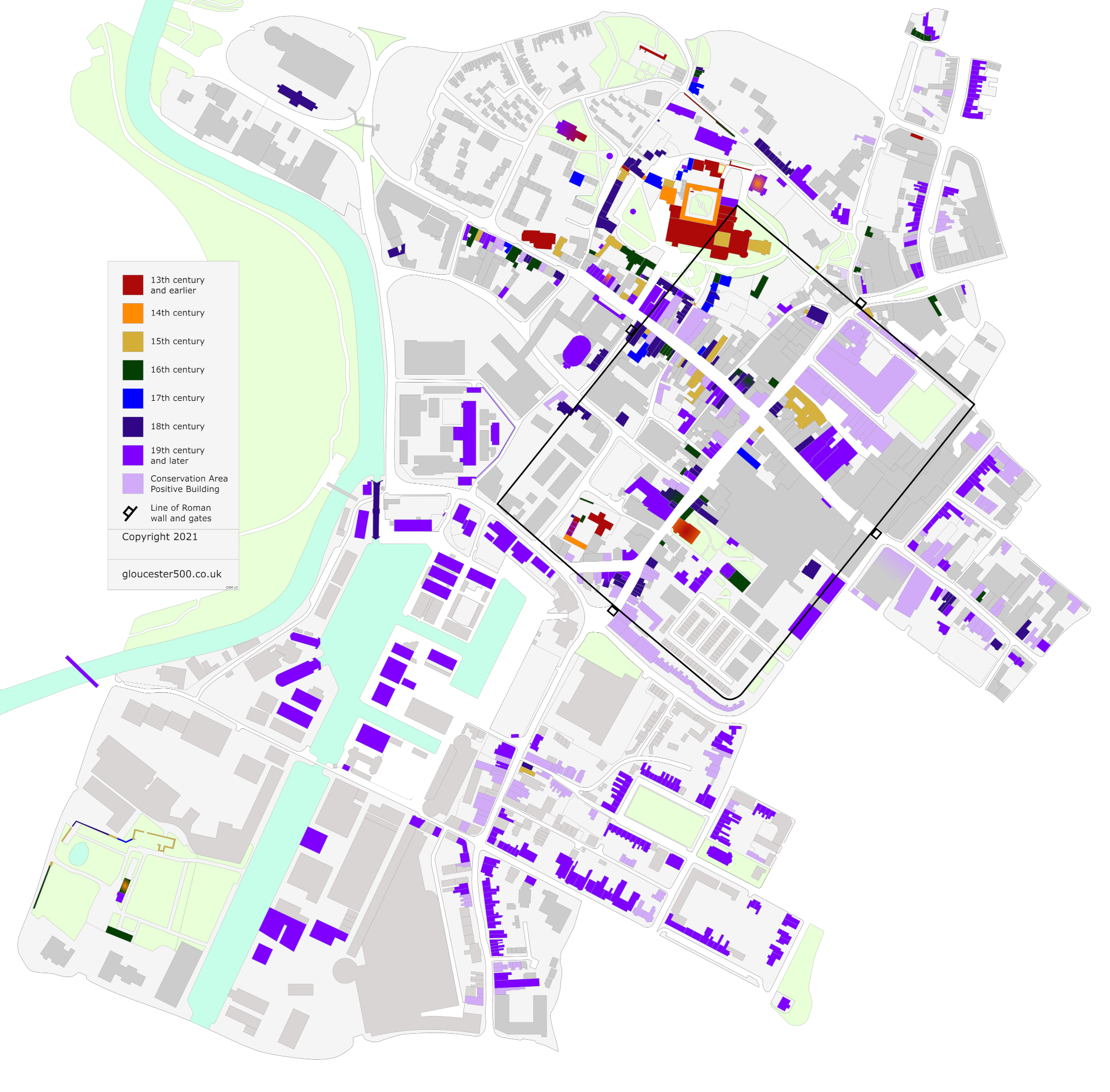 Colour-coded map of listed sites in central Gloucester