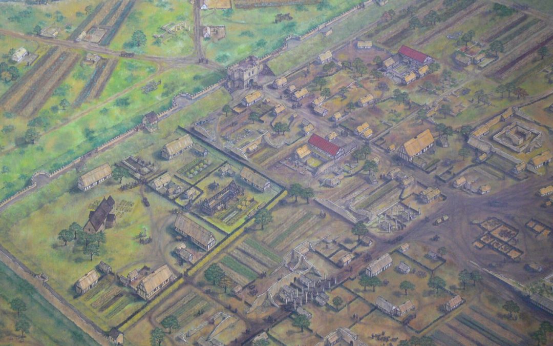 Visualisation of 7th-century Anglo-Saxon Gloucester, with Osric's new abbey on the site of the future Cathedral to left and livestock pens in the open space of the dismantled Roman forum to right. Image copyright: Richard Bryant.