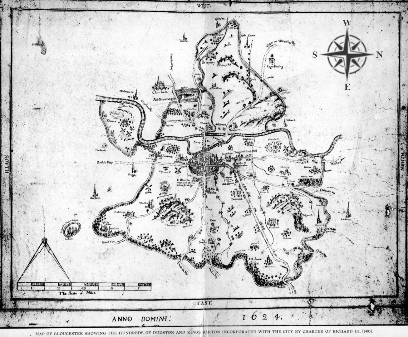 A circular looking Gloucester surrounded by the Hundreds of Dudston and King's Barton, the inshire, which together became the County of the Town of Gloucester following the charter of King Richard III in 1483. Image copyright: GS Blakeway.